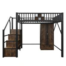 Metal Loft Bed With Designer Wood And Metal Guardrail, Complete Set With Integrated Wardrobe, Drawers And Storage Ladder - Black - View 10