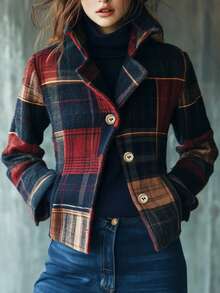 1 pieza Chaqueta casual con botones y estampado a cuadros aleatorio para mujer - Manga larga, cuello de solapa, bolsillos, apta para todas las estaciones, uso casual, hogar, diario, vacaciones, viaje
