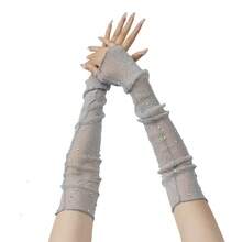 Long Sunscreen Lace Gloves, Women's Thin Half-Sleeved Fingerless Outdoor Breathable Mesh, Ice Silk Hot Diamond - White - View 4