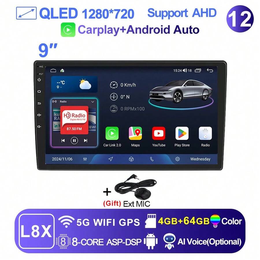 LEHX 8Core 9 pulgadas Universal 2din inalámbrico Carplay Android 15 Radio de coche reproductor de vídeo Multimedia AutoRadio navegación GPS 4G WiFi - 9-L8X (4-64 GB) - Ver 1