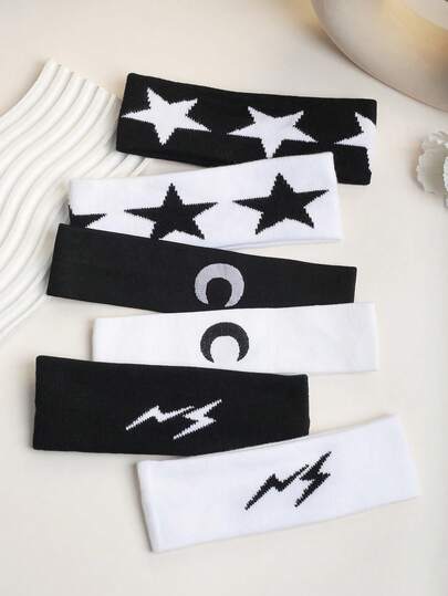 2pcs Minimalist Knitted Moon, Star, Lightning Wide Elastic Headbands, High Stretch Sports Sweatband For Daily Workout, Running, Fitness