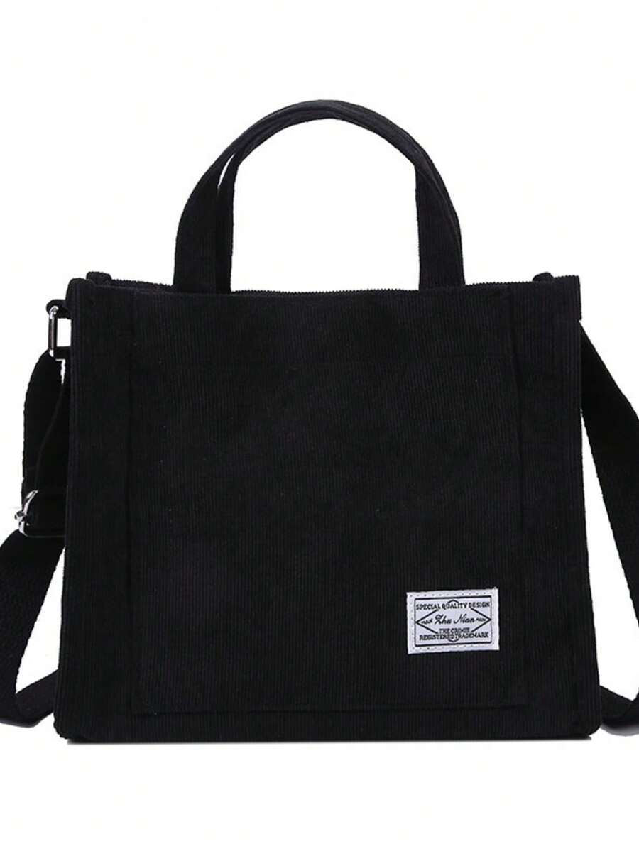 New Corduroy Canvas Tote Bag, Women's One Shoulder Crossbody Handbag, Korean Style Small Square Bag - Black - View 1