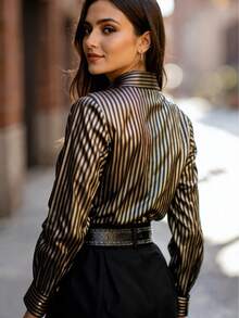 Women's Fashion Casual Elegant Contrast Striped Gold Button Front Lapel Collar Satin Print Shirt, Office Commute Daily Wear, Spring/Summer New