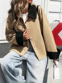 Women's Solid Color Contrast Pocket & Trim Button Casual Jacket