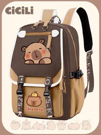 1 Pc Cute Capybara Pattern Color Contrast School Backpack.Large Capacity Lively Student Bag.Note: Colors And Letters And Lining Are Random.