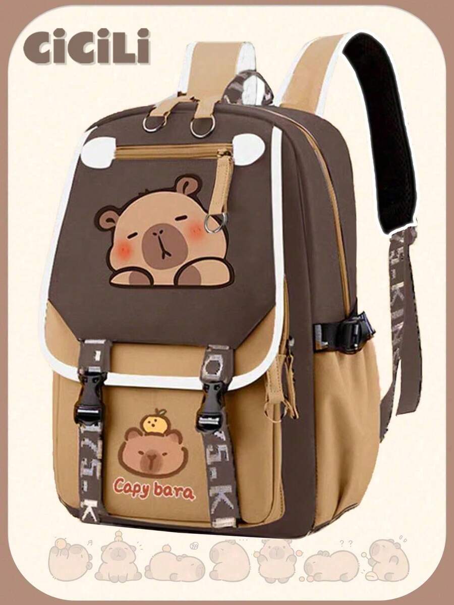 1pc Cute Water Vole Pattern Contrast Color Backpack, Large Capacity Lively Student Backpack. Note: Color, Letter And Lining Are Randomly Shipped. - Brown - View 1