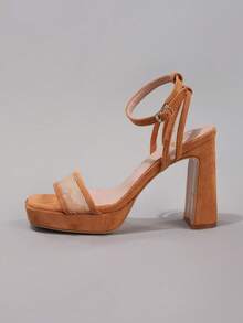 Sandálias plataforma de salto alto com renda, elegantes e sensuais para bailes, festas e eventos noturnos. Sandálias de camurça impermeáveis com salto grosso e bico quadrado, perfeitas para looks de primavera e verão. - Castanho - Ver 18