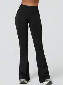 NcmRyu 1Pc Women'S Solid Color Seamless Minimalist High Waist Elastic Butt Lifting Flared Sports Pants Tights - Black - View 8