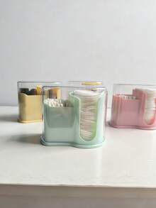 1 pieza Caja de almacenamiento de cosméticos de escritorio, soporte para bastoncillos de algodón y almohadillas desmaquillantes. Caja de almacenamiento de accesorios para el cabello, con tapa a prueba de polvo y diseño apilable, con abertura en forma de U para un fácil acceso, adecuada para almacenar algodón, desmaquillante, lápiz labial, accesorios para el cabello, se puede usar en el tocador o en el mostrador del baño, disponible en varios colores.