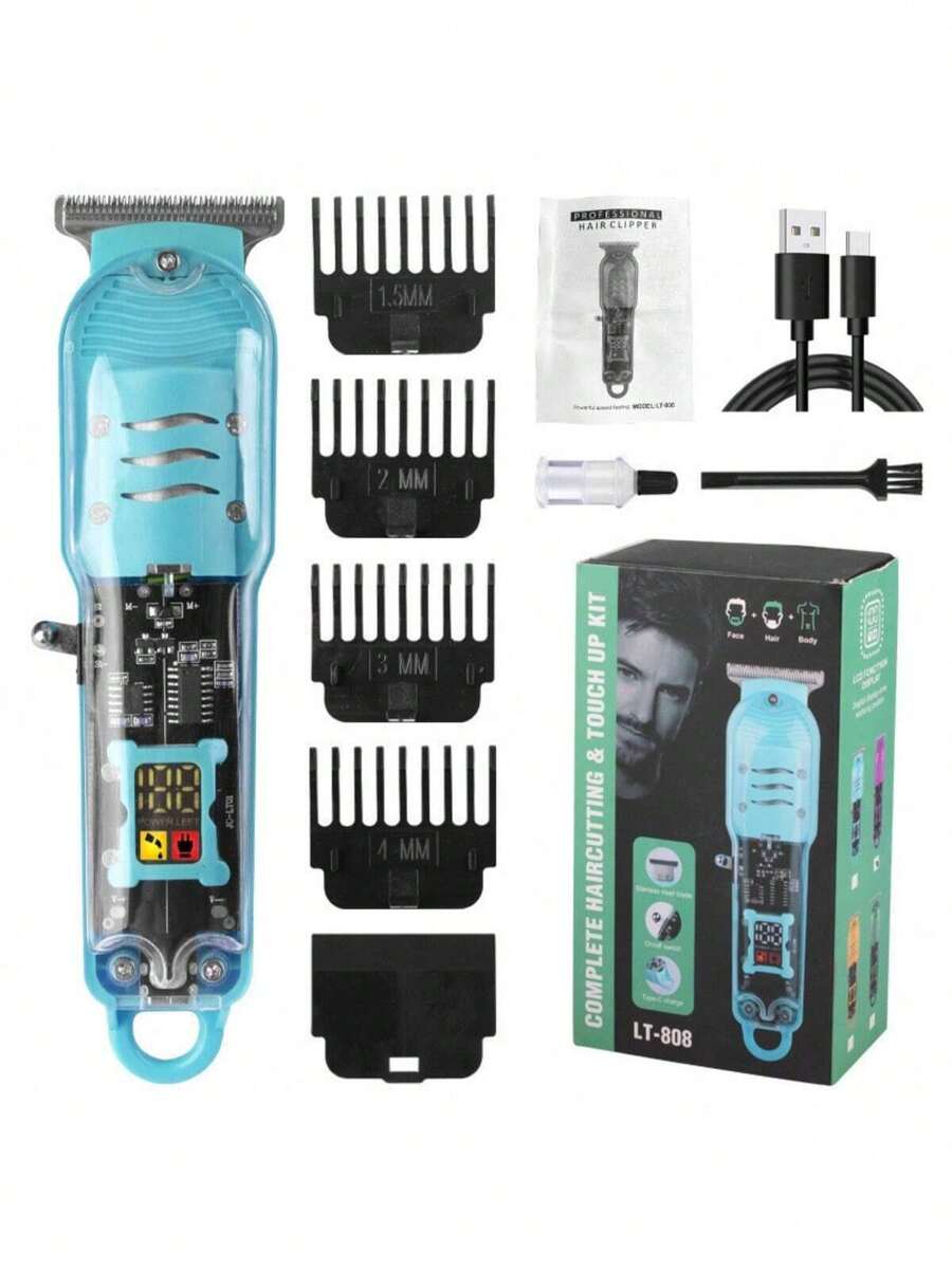 Professional Smart LCD Hair Clipper, Transparent Cordless Electric Shaver For Men - 藍色 - 查看 1