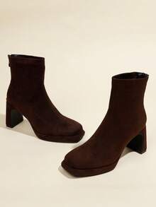 Fall/Winter 8cm Chunky Heel Brown Ankle Boots For Women, Block Heel, Zipper Closure, Platform, Slim Fit, Burgundy Heels - Brown - View 3