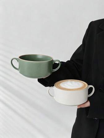 1pc 550ml Ceramic Coffee Mug With Dual Handles, Vintage Creative Distressed Glaze Dessert Cup, Multipurpose Salad Bowl, Suitable For Cafe, Office, Restaurant, Holiday Gift, Birthday Party