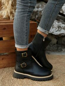 Simple Side Zipper Wedge Boots, Suitable For Women, Fashionable And Elegant, Suitable For Casual And Formal Occasions, All-Day Comfort And Support Design, Ideal For Autumn And Winter Fashion - Black - View 3
