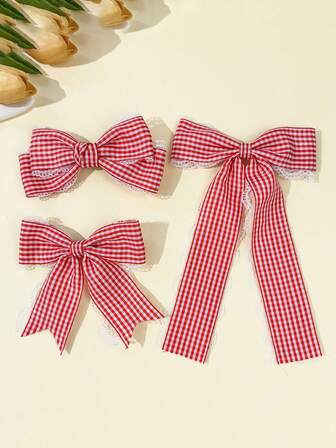 1 st röd rutig hårspänne i spetsrosett, söt och mångsidig för flickor, hårspänne i japansk stil