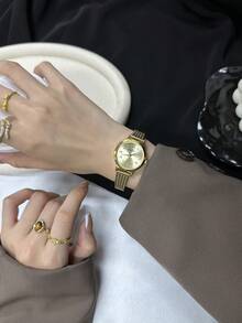 1 pieza Reloj de mujer de cuarzo con diseño de espiga de trigo dorado y escala numérica árabe, adecuado para uso diario como regalo de cumpleaños/Año Nuevo/Navidad - Dorado - Ver 4