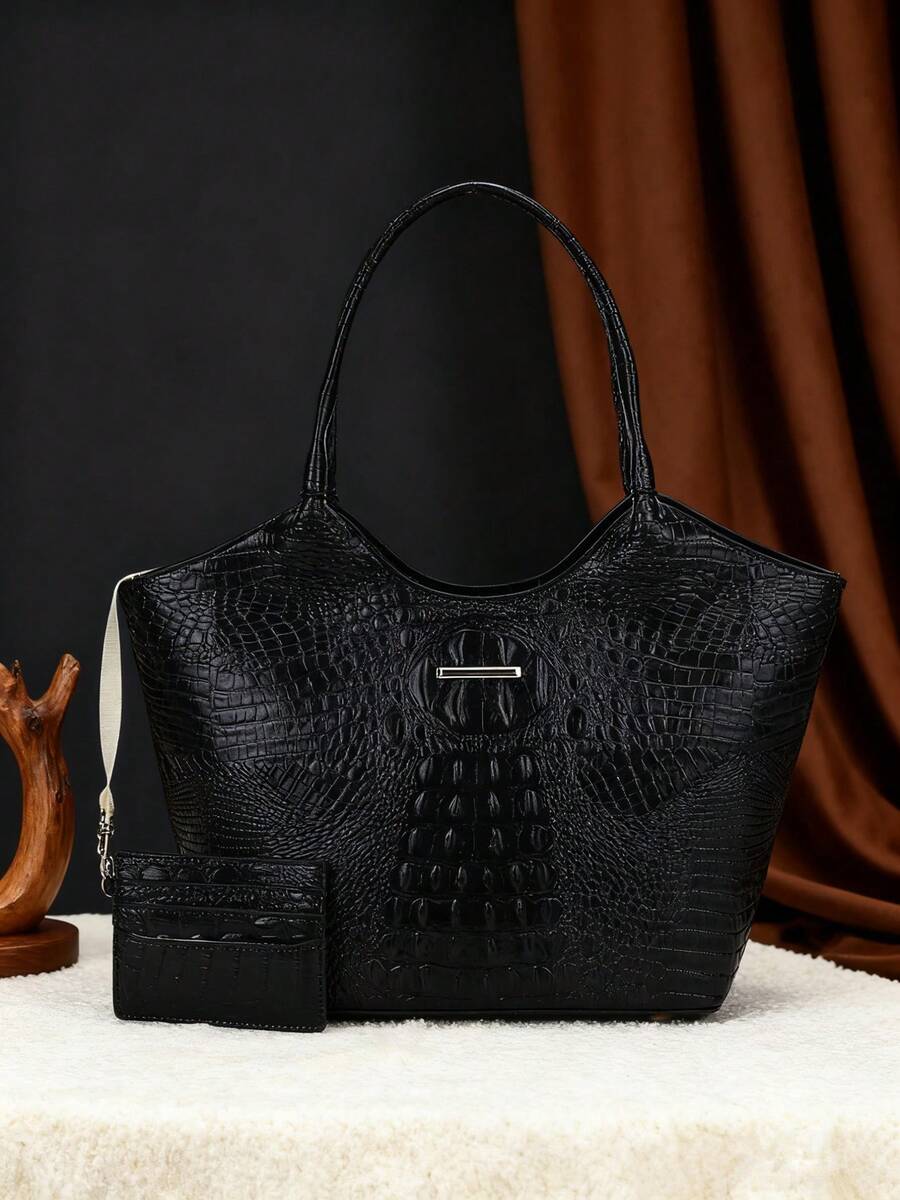 2pcs Elegant Women's Tote,Elegant Large-Capacity Women's Tote | Solid-Color Crocodile-Patterned PU Bag With Secure Zipper, Multi-Pockets, Fixed Strap - Suitable For Work & Outings - 黑色 - 查看 1