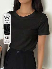 Basic Crew Neck T-Shirt, Preppy Style G7C5 - Black - View 9