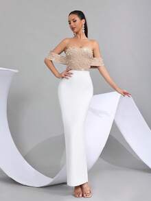 时尚露肩闪亮水钻珠饰拼接修身长裙优雅女士正式晚宴婚礼宾客礼服 - 杏色 - 查看 3