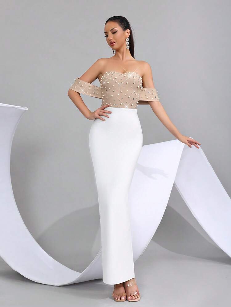 时尚露肩闪亮水钻珠饰拼接修身长裙优雅女士正式晚宴婚礼宾客礼服 - 杏色 - 查看 3