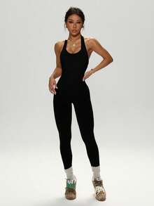 女式纯色露背运动连体裤 - 黑色 - 查看 3