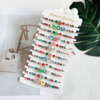12pcs/Set Random Soft Clay Santa Claus, Snowman, Reindeer Soft Clay Bracelet With Alloy Pendant, Christmas Santa Party Bracelet