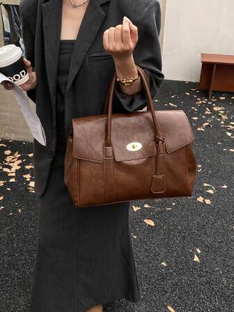 1 件装时尚商务复古中性旧钱风腰带翻盖纯色 PU 皮革大容量女士手提包，适合日常商务通勤、度假旅行和休闲购物。有两种尺寸可供选择：小号和大号。