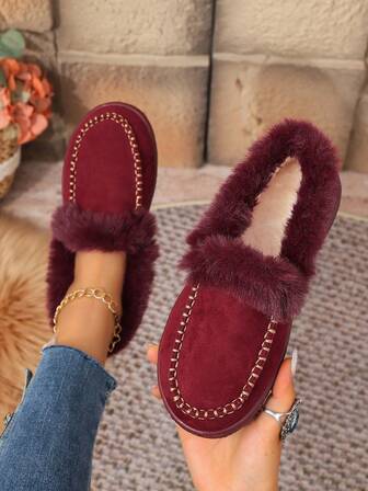 Dammode snöstövlar, vinröda, termiskt foder, tjock sula, enfärgad, bekväma, mångsidiga, vinterskor för utomhusbruk