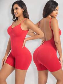 1pc Plus Size Seamless Shapewear For Women, Waist Cincher, Tummy Control, Butt Lift, Open Back, Bodysuit - Red - View 4