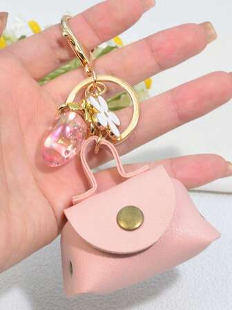 1 st rosa handväska myntväska nyckelring med jordgubbsblommor dekor, present till kvinnliga vänner