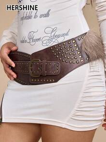 Hershine 1 szt. damski brązowy, futrzany, ozdobny, szeroki pas w stylu Western Boho, zdobiony nitami, wszechstronny dodatek do sukienek, odpowiedni na zewnątrz, na imprezę i do pracy, spersonalizowany dodatek do odzieży, klasyczny pasek do koszul, spodni i sukienek, odpowiedni na spotkania, imprezy, Halloween i Boże Narodzenie, wielofunkcyjny dodatek, idealny prezent dla rodziny i przyjaciół na Boże Narodzenie, Halloween i Święto Dziękczynienia