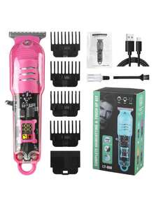 Professional Smart LCD Hair Clipper, Transparent Cordless Electric Shaver For Men - Rose Red - View 2