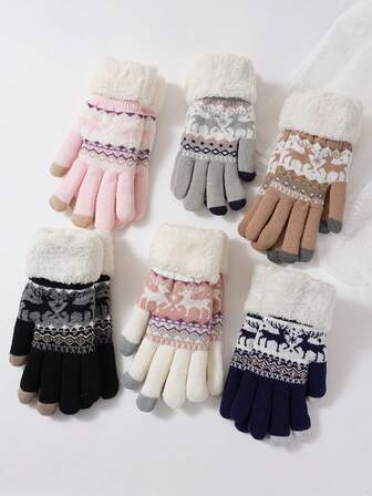 1 par de guantes térmicos gruesos y cálidos con pantalla táctil con diseño de renos navideños, unisex, aptos para otoño/invierno, estudiantes, ciclismo, escritura