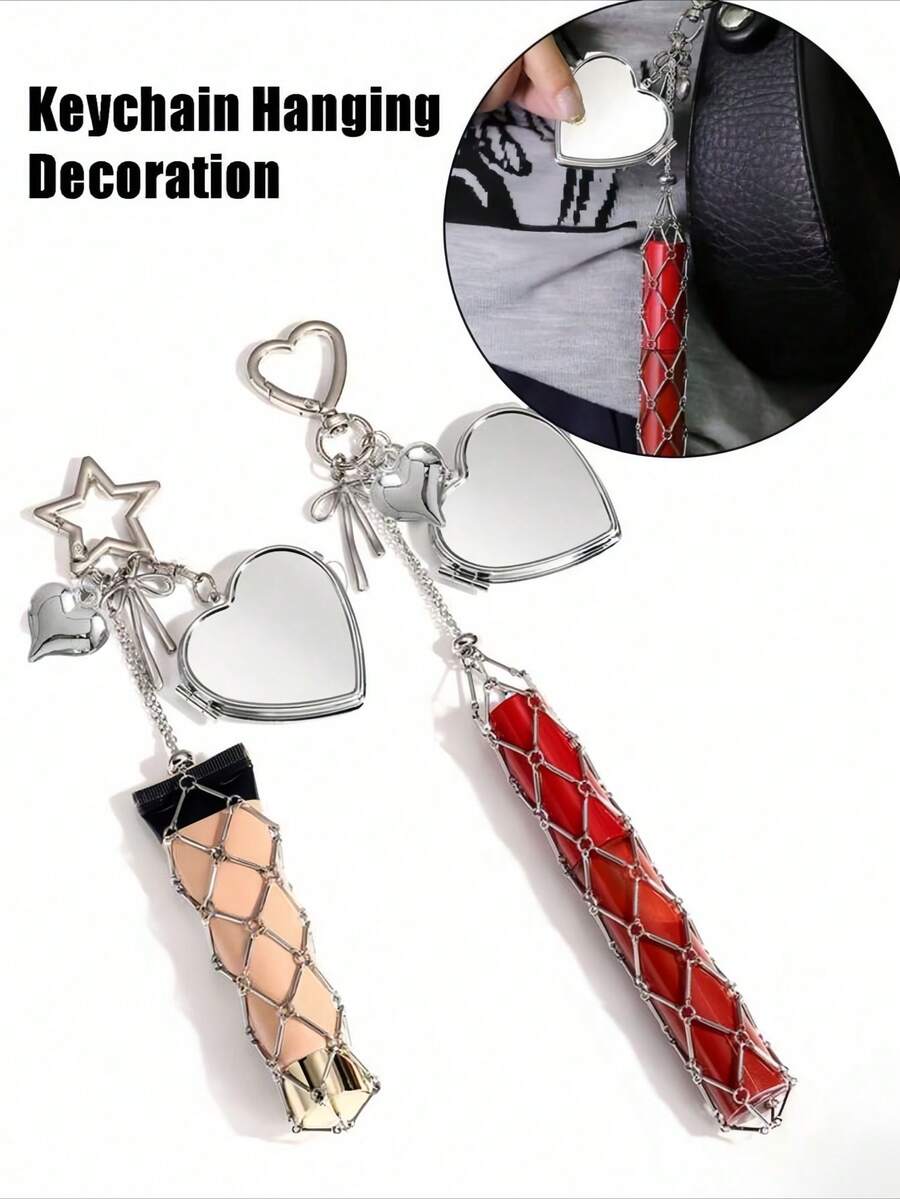 Stainless Steel Mesh Lipstick Holder, DIY Bag Charm, Silver Heart & Star Chain Pendant - Multicolor - View 1