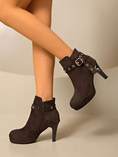 Nowe, europejskie i amerykańskie, jesienno-zimowe botki na cienkim obcasie, botki na wysokim obcasie z zamkiem z boku, modne botki, krótkie botki damskie, europejskie i amerykańskie, wąskie botki na wysokim obcasie, popularne zimowe, nowe, seksowne botki z okrągłym noskiem, minimalistyczne botki damskie na wysokim obcasie