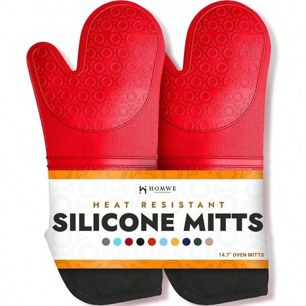 Long Professional Silicone Oven Mitt - 1 Pair - Long Oven Mitts With Quilted Liner - Red