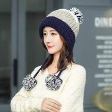 Gorro de invierno peruano para mujeres con orejeras, gorro de esquí de sherpa, gorros de nieve de punto forrados de lana con 3 pompones - M8375-zangqing - Ver 4