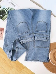 HIMARRI Elegantes jeans de mezclilla de pierna ancha y larga para mujer con cintura escalonada única y tela altamente elástica - Azul - Ver 5