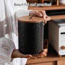 3 Pack Ceramic Canister Set With Wooden LidAirtight Food Storage Jars With Top Handle Grain Storage Jar For Flour Sugar Coffee Tea Spice Salt Candy Cookie Black - 黑色 - 查看 6
