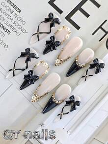 10片/套杏仁形美甲贴纸，可爱风格，可移除，适合派对、舞蹈、日常佩戴、学生聚会、办公室角色扮演，带背胶，可重复使用，包含美甲凝胶和指甲锉，手工按压式美甲贴片 - 杏色 - 查看 5