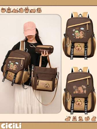 3 件套迷人水豚主题背包，配有手提包和铅笔袋套装，采用耐用尼龙制成，配有拉链封口、平板电脑隔层和多个口袋 - 非常适合旅行和日常使用，是水豚爱好者的理想礼物