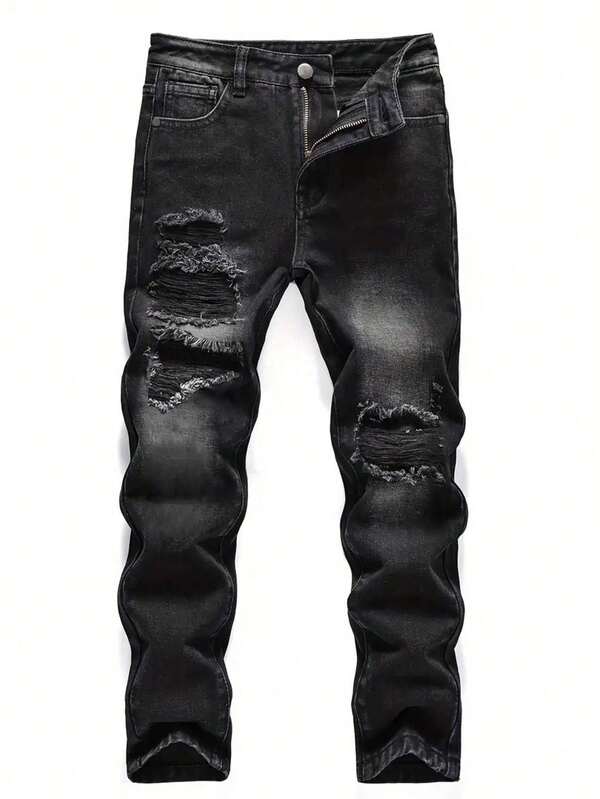 Tween Boy Zipper Fly Ripped Denim Jeans With Distressed Detailing