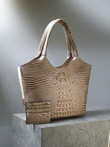 2pcs Elegant Women's Tote,Elegant Large-Capacity Women's Tote | Solid-Color Crocodile-Patterned PU Bag With Secure Zipper, Multi-Pockets, Fixed Strap - Suitable For Work & Outings - Màu Khaki - Xem 3