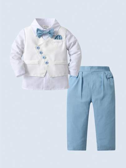 BOARNSEORL 3pcs Baby Boys Gentleman Outfit Set - White Shirt With Bowknot , Vest And Pants, Fashionable And Stylish For Birthday Party, Wedding, Christening, Anniversary