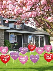 10个情人节花园装饰牌，配20个插杆，粉色心形草坪装饰，情人节快乐，周年纪念婚礼用品，家居草坪小径装饰，户外家庭聚会装饰 - 彩色 - 查看 6