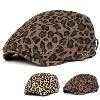 1顶女士豹纹贝雷帽，时尚报童帽，休闲户外前檐帽，适合秋冬季街头、商务、派对等场合
