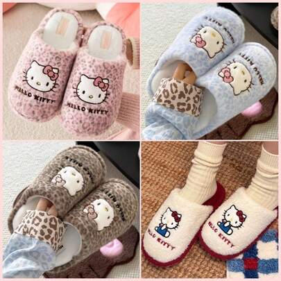 Sanrio Sanrio Hello Kitty Embroidered Plush Pink Leopard Print Warm House Slippers, 4 Colors Available, Faux Fur Super Soft Thin Non-Slip Quiet Slippers