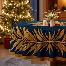 1pc Elegant Navy Blue & Golden Luxury Tablecloth With Golden Snowflake & Laurel Wreath Pattern - Wrinkle-Resistant Easy-Clean Christmas New Year Winter Party Decorations For Round Rectangular Dining Tables, Deep Blue & Golden Holiday Table Setting For Family Gatherings, Festive Home Decoration With Golden Accents, Ideal For Christmas, New Year's Eve, And Winter Events, Christmas Table Cloths, Christmas Background Cloth - 彩色 - 查看 1