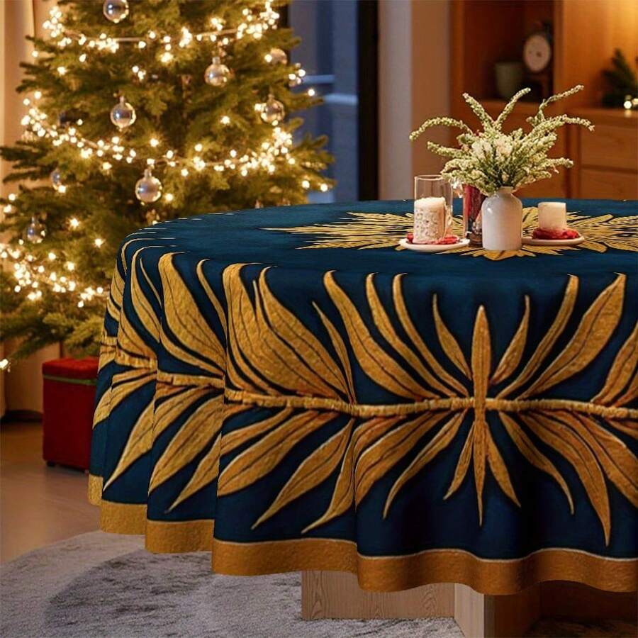 1pc Elegant Navy Blue & Golden Luxury Tablecloth With Golden Snowflake & Laurel Wreath Pattern - Wrinkle-Resistant Easy-Clean Christmas New Year Winter Party Decorations For Round Rectangular Dining Tables, Deep Blue & Golden Holiday Table Setting For Family Gatherings, Festive Home Decoration With Golden Accents, Ideal For Christmas, New Year's Eve, And Winter Events, Christmas Table Cloths, Christmas Background Cloth - 彩色 - 查看 1