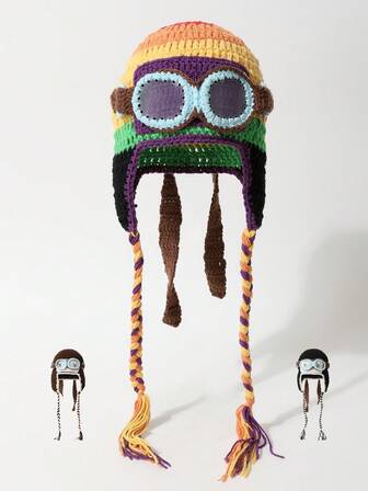 1 pieza Gorro de punto lindo y peculiar para mujer, Nuevo estilo japonés de bloques de color para otoño/invierno 2025, Gorro de aviador de punto a la moda y versátil