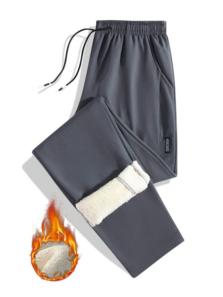 1 Pair Of Men's Solid Color Drawstring Waist Pocket Fleece-Lined Warm Sporty Casual Long Pants, Suitable For Daily Wear In Autumn And Winter. - Màu xám đen - Xem 1